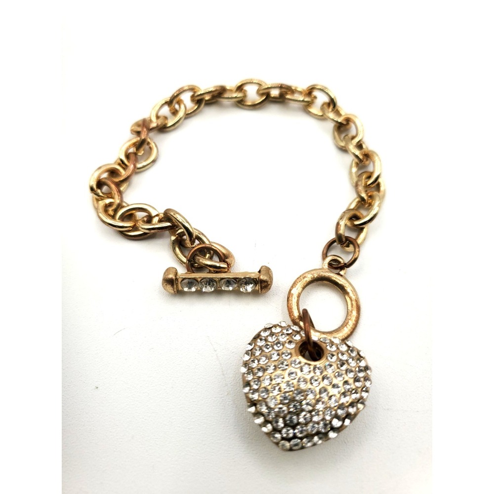 Pave Rhinestone Puffy Heart Charm Bracelet Gold Tone Toggle Clasp 8.5"‎